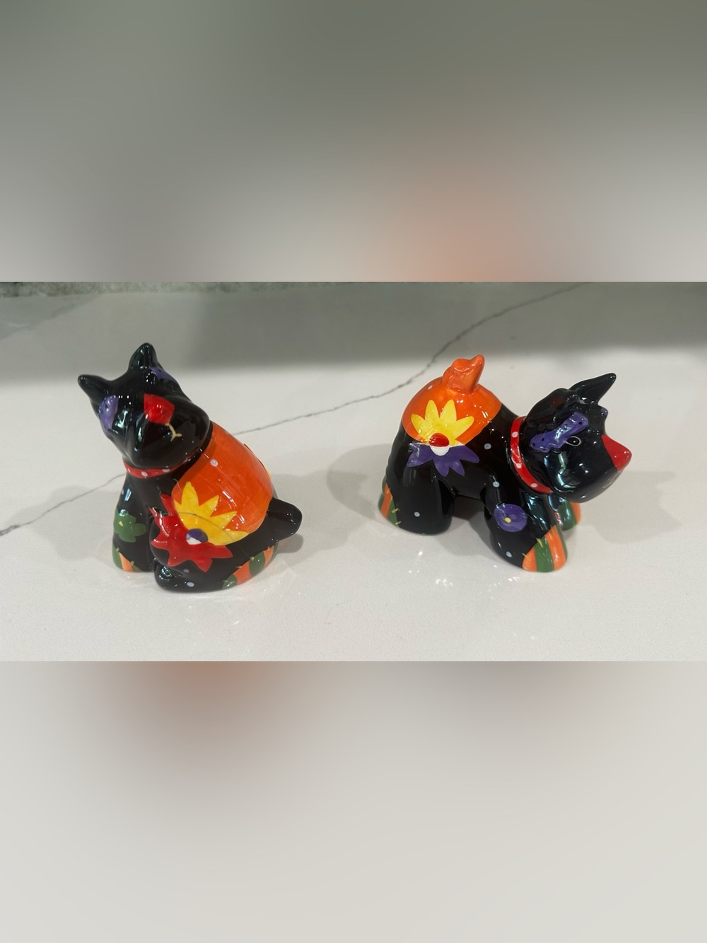 Scottie Dog Salt Pepper Shakers Black Colorful Flowers Whimsical Retro Boho